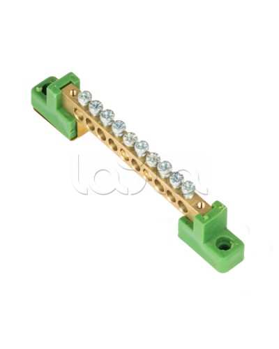 Шина 0 PE 6x9мм 10 отверстий латунь с контактной пластиной 2 зелёных угловых изолятора EKF (sn0-63-10-2-pe) в Хасавюрте Клеммные колодки Pintop.ru