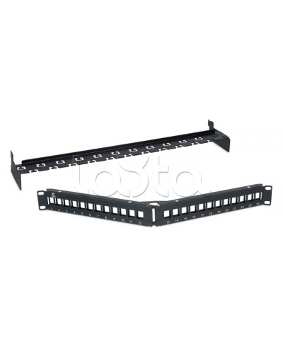 Патч-панель угловая модульная 19, 1U, 24 порта RJ-45, для неэкранированных модулей, с задним кабельным организатором (без модулей) Cabeus PLB-24-CON в Хасавюрте Патч панель Pintop.ru