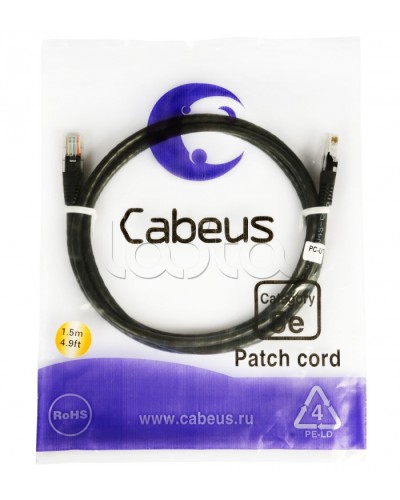 Патч-корд 2xRJ-45/8P8C U/UTP кат.5е (2 м) Cabeus PC-UTP-RJ45-CAT.5E-2M-BK в Хасавюрте Патчкорды (медные) Pintop.ru