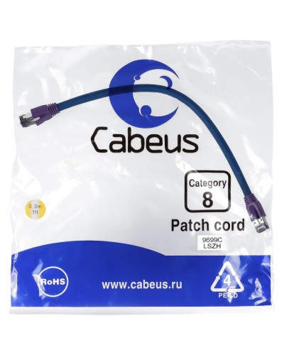 Патч-корд S/FTP Cabeus PC-SSTP-RJ45-Cat.8-0.3m-LSZH в Хасавюрте Патчкорды (медные) Pintop.ru