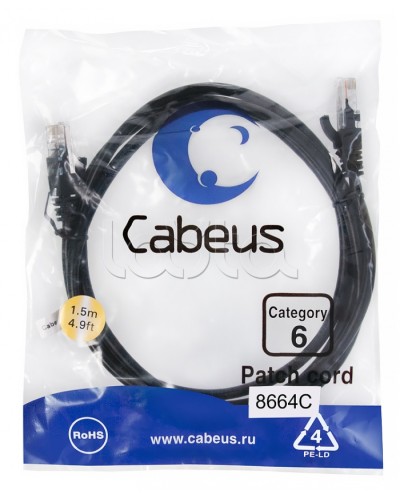 Патч-корд UTP, категория 6, 1.5 м, неэкранированный, черный Cabeus PC-UTP-RJ45-Cat.6-1.5m-BK в Хасавюрте Патчкорды (медные) Pintop.ru