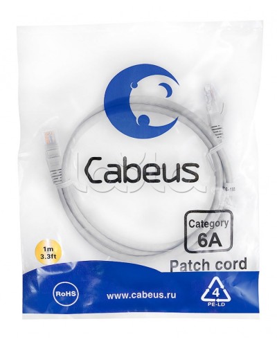 Патч-корд UTP, категория 6a, 10G, неэкранированный, LSZH, 1 м, серый Cabeus PC-UTP-RJ45-Cat.6a-1m-LSZH в Хасавюрте Патчкорды (медные) Pintop.ru