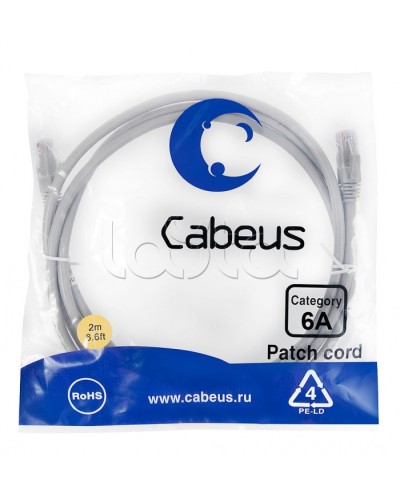 Патч-корд UTP, категория 6a, 10G, неэкранированный, LSZH, 2 м, серый Cabeus PC-UTP-RJ45-Cat.6a-2m-LSZH в Хасавюрте Патчкорды (медные) Pintop.ru