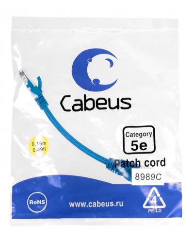 Патч-корд медный U/UTP кат.5е (0,15м) LSZH (синий) Cabeus (PC-UTP-RJ45-Cat.5e-0.15m-BL-LSZH) в Хасавюрте Патчкорды (медные) Pintop.ru