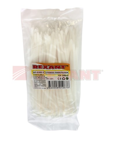 Хомут-стяжка нейлоновый 5х200 мм белый (100шт/уп) REXANT 07-0200-5 в Хасавюрте Стяжки-хомуты Pintop.ru