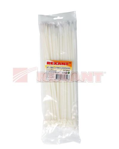 Хомут-стяжка нейлоновый 5х300 мм белый (100шт/уп) REXANT 07-1302 в Хасавюрте Стяжки-хомуты Pintop.ru